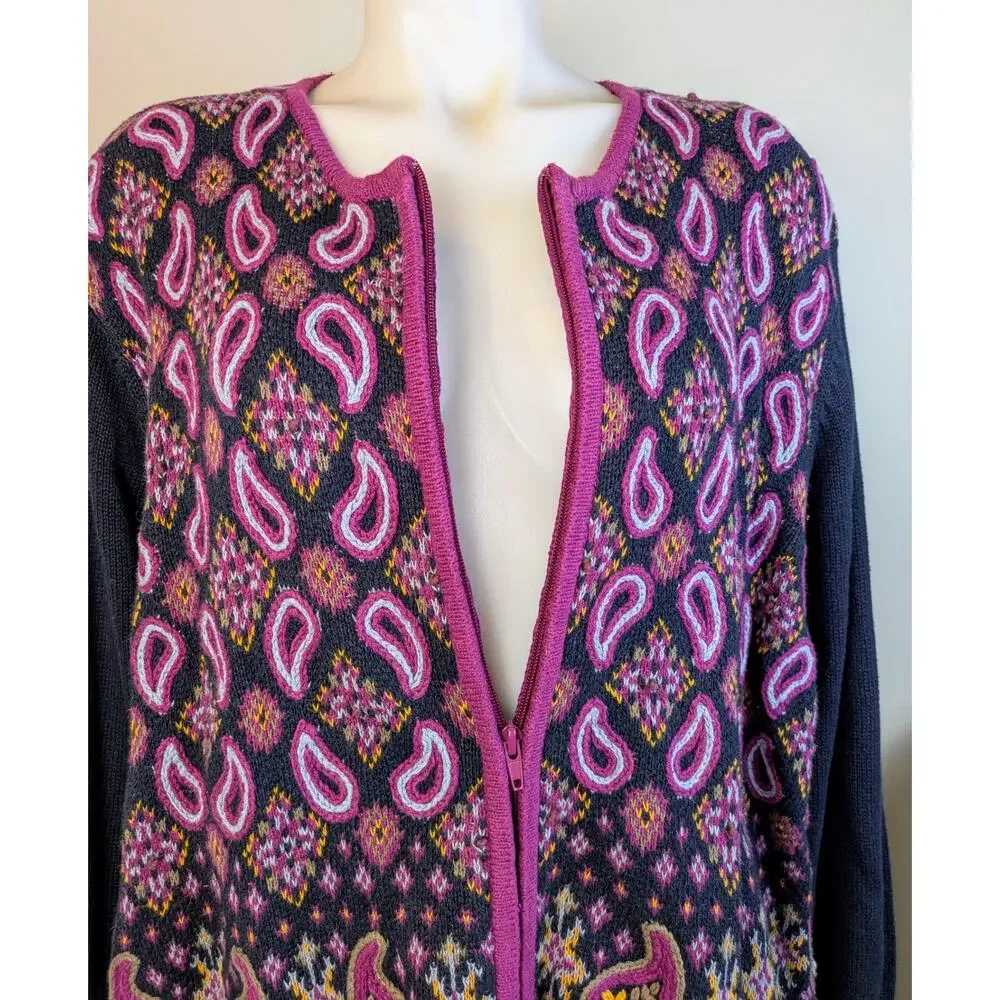 Joan Leslie Cardigan Sweater XL Berry Blue Paisley Embroidered Boho VTG NEW - Picture 8 of 12